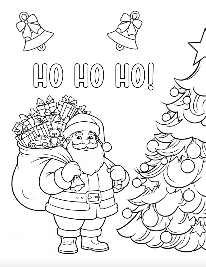 Print this free Santa Claus coloring page for a fun Christmas activity for kids! Santa is carrying a bag full of toys beside a decorated Christmas tree, with bells and “Ho Ho Ho!” lettering to color. This easy printable Christmas coloring page is perfect for home, classrooms, or holiday parties. Free PDF download.
