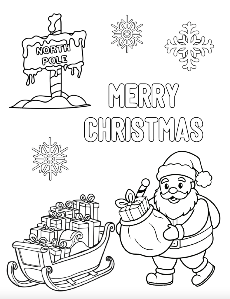 This free printable Santa Claus coloring page features Santa carrying a present toward his sleigh filled with Christmas gifts. Kids can also color the North Pole sign, snowflakes, and “Merry Christmas” lettering. A fun and easy Christmas coloring page for kids to print at home or in the classroom. Free PDF download.