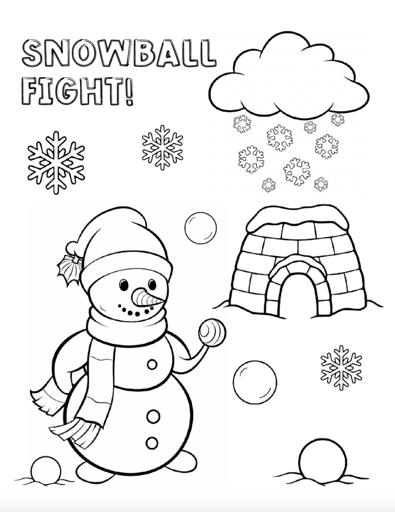 Print this free snowman coloring page for a fun winter Christmas activity! Kids can color a cheerful snowman ready for a snowball fight, along with an igloo, falling snow, snowflakes, snowballs, and “Snowball Fight!” lettering. An easy printable Christmas coloring page for kids at home or in the classroom. Free PDF download.