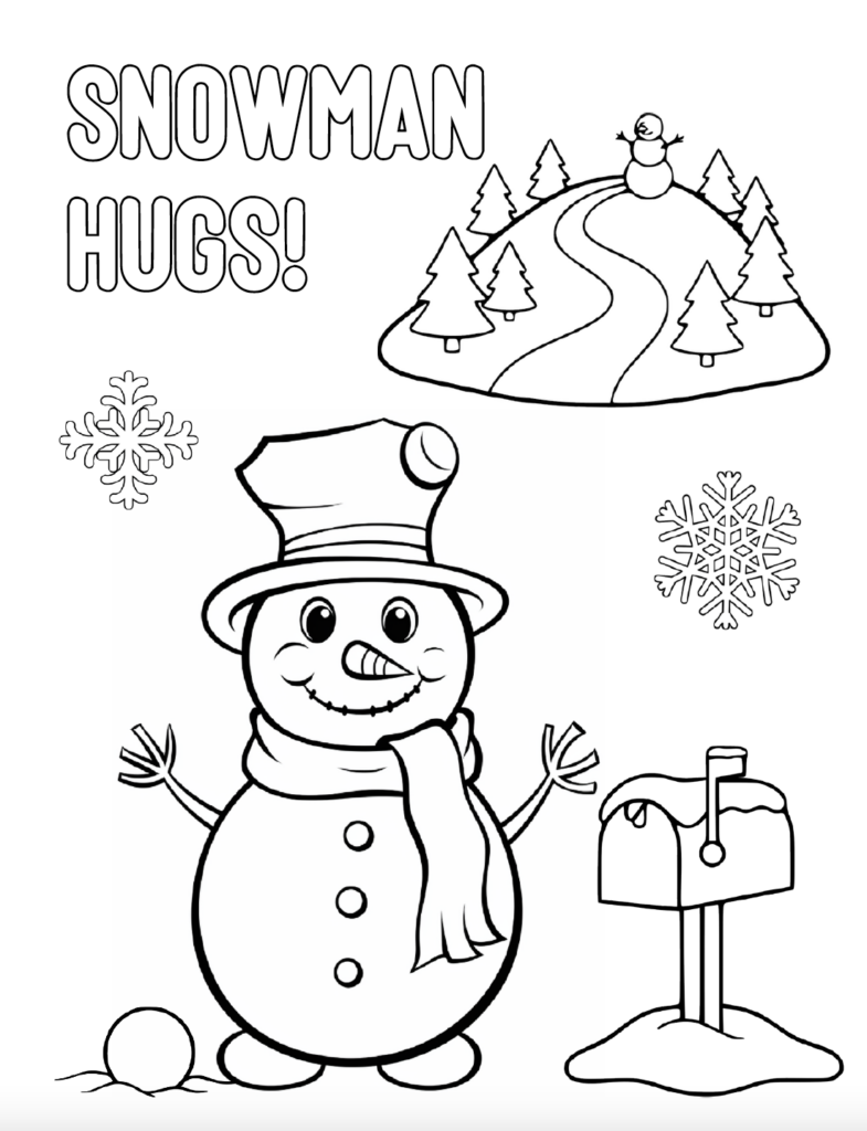 This cute snowman coloring page is ready for a Christmas hug! Kids can color the large snowman, snowy mailbox, snowflakes, snowball, distant snowman, and outlined “Snowman Hugs!” lettering. Print this free snowman coloring page for an easy Christmas activity at home, school, or a holiday party. Free PDF download.
