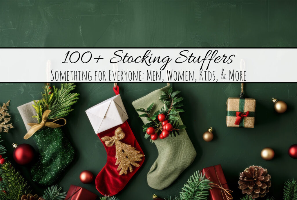 Dark green wall with 3 Christmas stockings hanging and Christmas items around it. Text overlay says