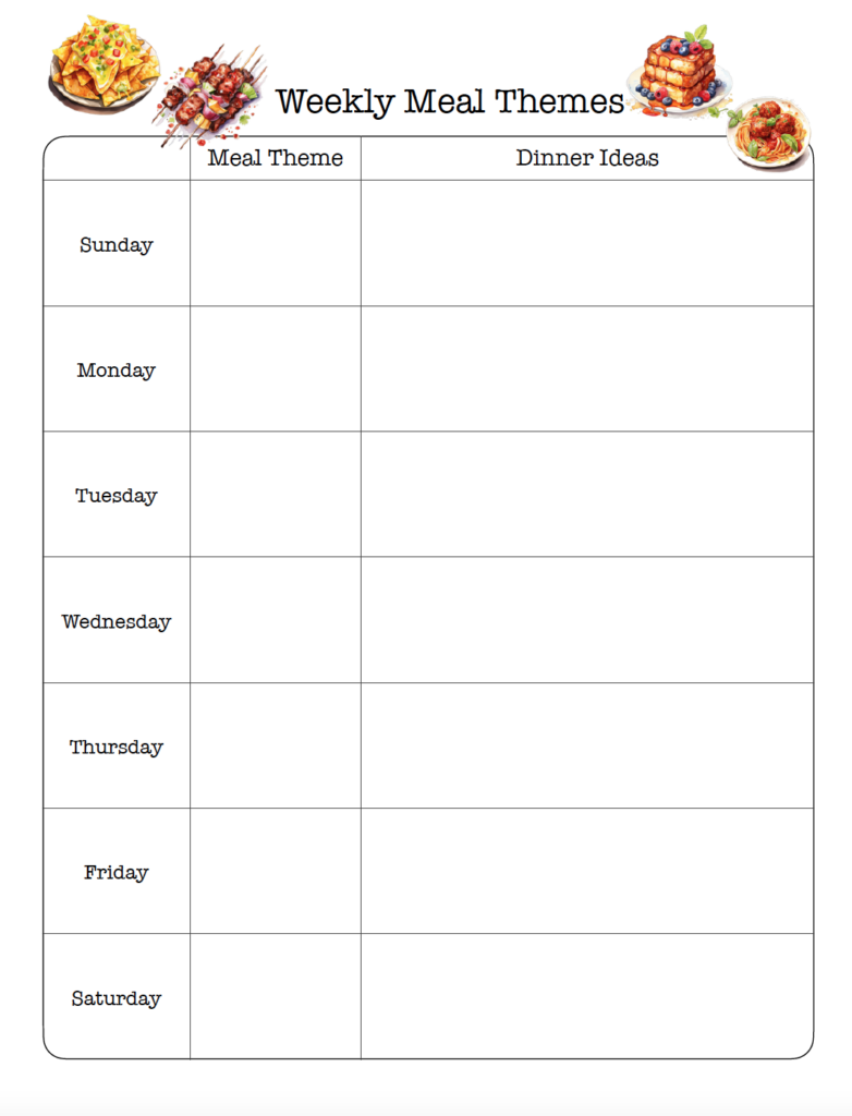 Make meal planning easier with weekly meal themes! Download the free printable Weekly Meal Themes and find plenty of family dinner ideas for meal planning theme nights like Mexican night, pasta night, soup night, pizza night, and more. Add several favorite dinners to each theme so you always have easy ideas to choose from.