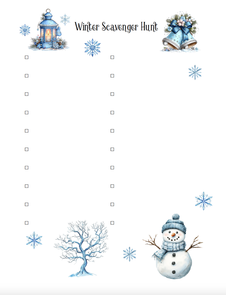 Create your own winter scavenger hunt with this free printable blank scavenger hunt template! Featuring 20 empty checkboxes, you can fill in your own winter-themed items to find. Perfect for kids, classroom activities, winter parties, family walks, or personalized scavenger hunt games. Just download the free PDF, print, and customize your list.