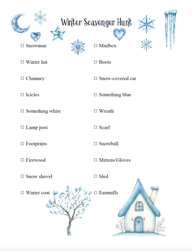Make your next winter walk more fun with this free printable outdoor winter scavenger hunt! Kids can search for 20 winter-themed items while strolling through the neighborhood, from winter clothing to icicles to everyday seasonal sights. A simple winter activity for families. Just download the free PDF and print!