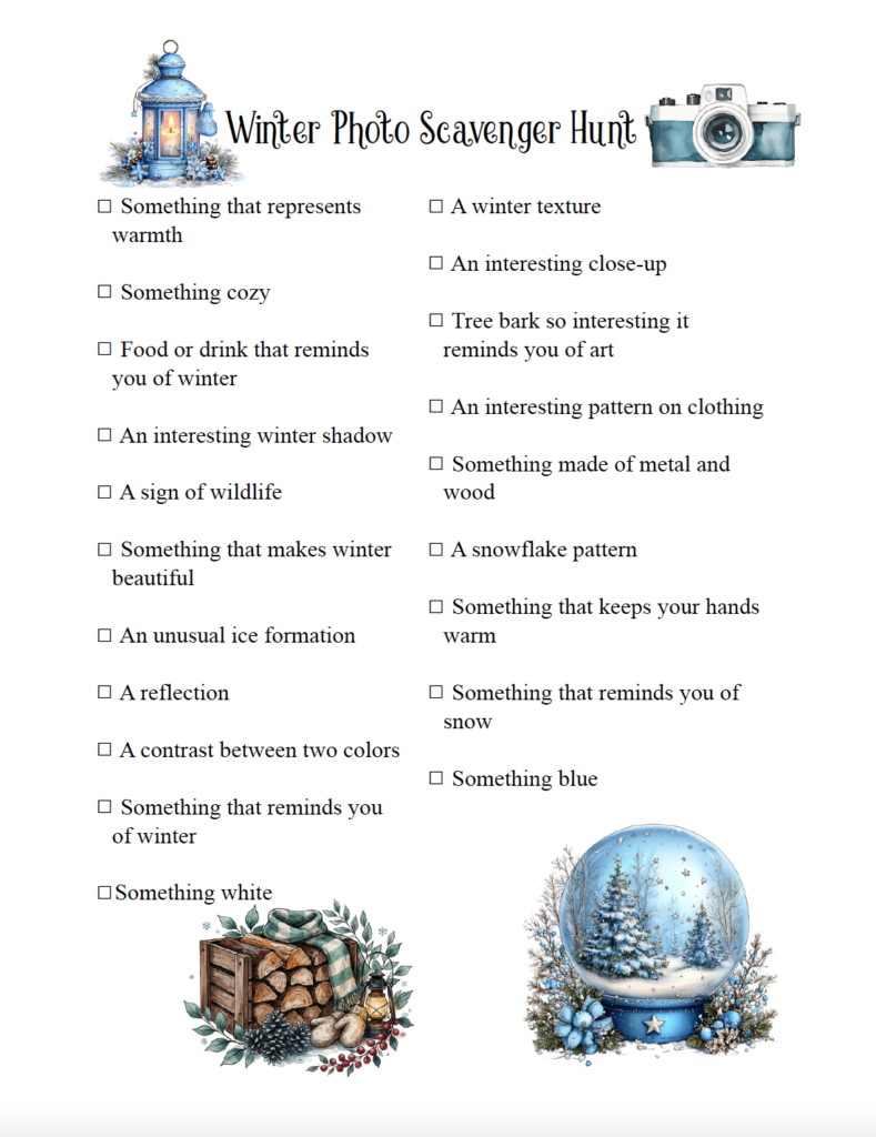Looking for a creative winter activity for teens or adults? Try this free printable winter photo scavenger hunt! Capture 20 photography challenges featuring reflections, interesting patterns, winter shadow, and more winter prompts. Includes a second page with photo scavenger hunt competition ideas and instructions. Just download the free PDF and print!