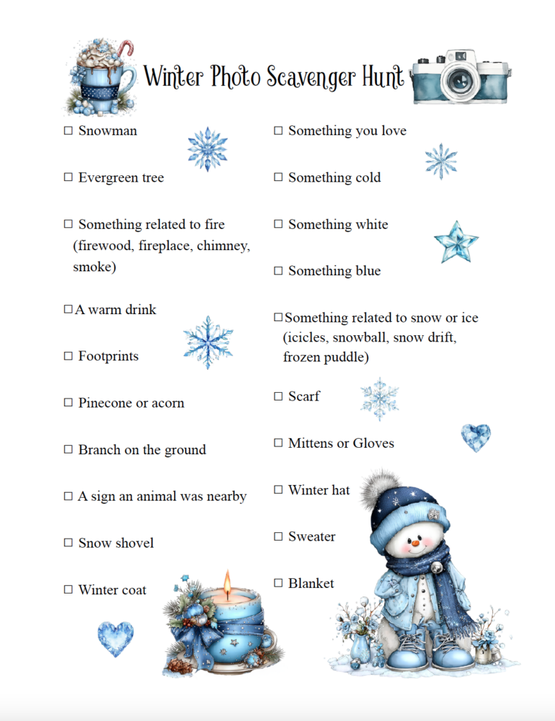Get kids exploring and taking pictures with this free printable winter photo scavenger hunt. Featuring 20 fun photo ideas, kids can photograph winter sights as they explore their surroundings. Grab a camera, download the free PDF and print, and start snapping photos.