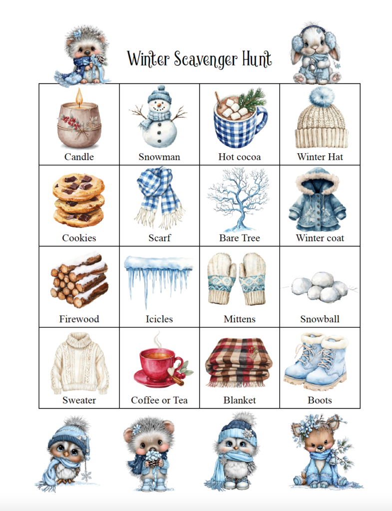 Looking for a fun winter activity preschoolers and kindergarteners? This free printable winter picture scavenger hunt features 16 items for little ones to find, including a snowman, mittens, hot cocoa, and other winter favorites. The picture-based hunt makes it easy for children who aren't reading yet. A simple winter activity for preschool, kindergarten, or family fun at home. Just download the free PDF and print!