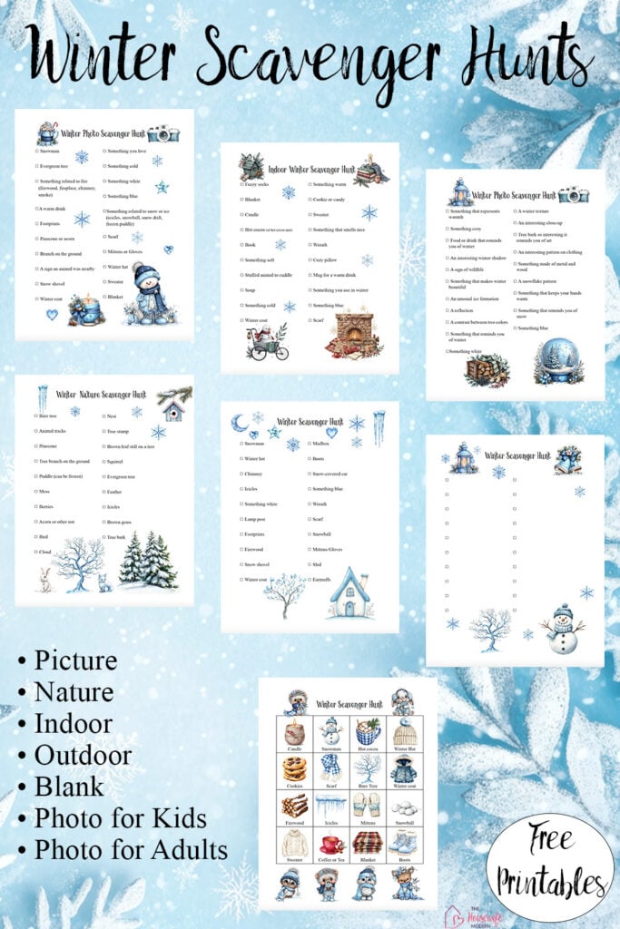 Make winter more fun with these free printable winter scavenger hunts! Find indoor and outdoor winter scavenger hunts, a winter nature hunt, a picture scavenger hunt for preschoolers, and creative photo scavenger hunts for kids, teens, and adults. There’s even a blank template to create your own. Free PDF download.